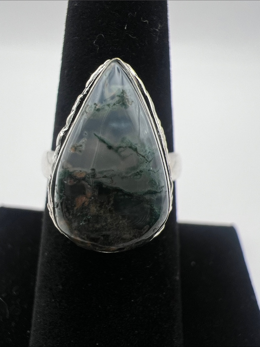 Teardrop Moss Agate Ring - size 7